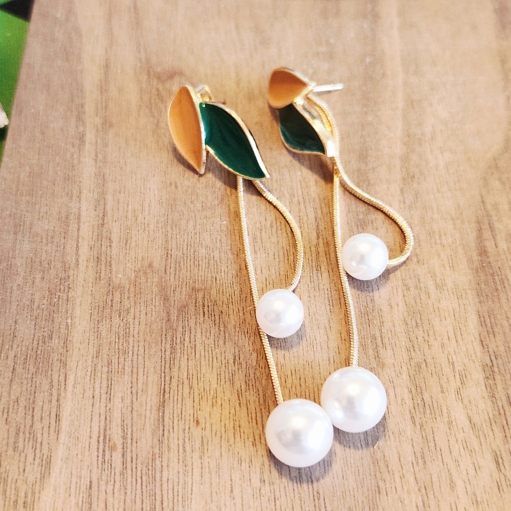 Gold Tone Enamel Leaf Faux Pearl Long Drop Dangle Earrings Green‎ Orange